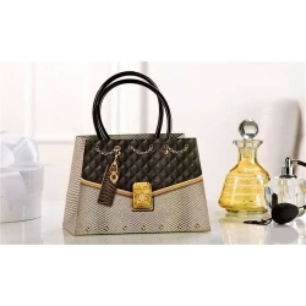 New Paper Purse Shape Gift Bag Brown Quilt and Tan Snakeskin Design